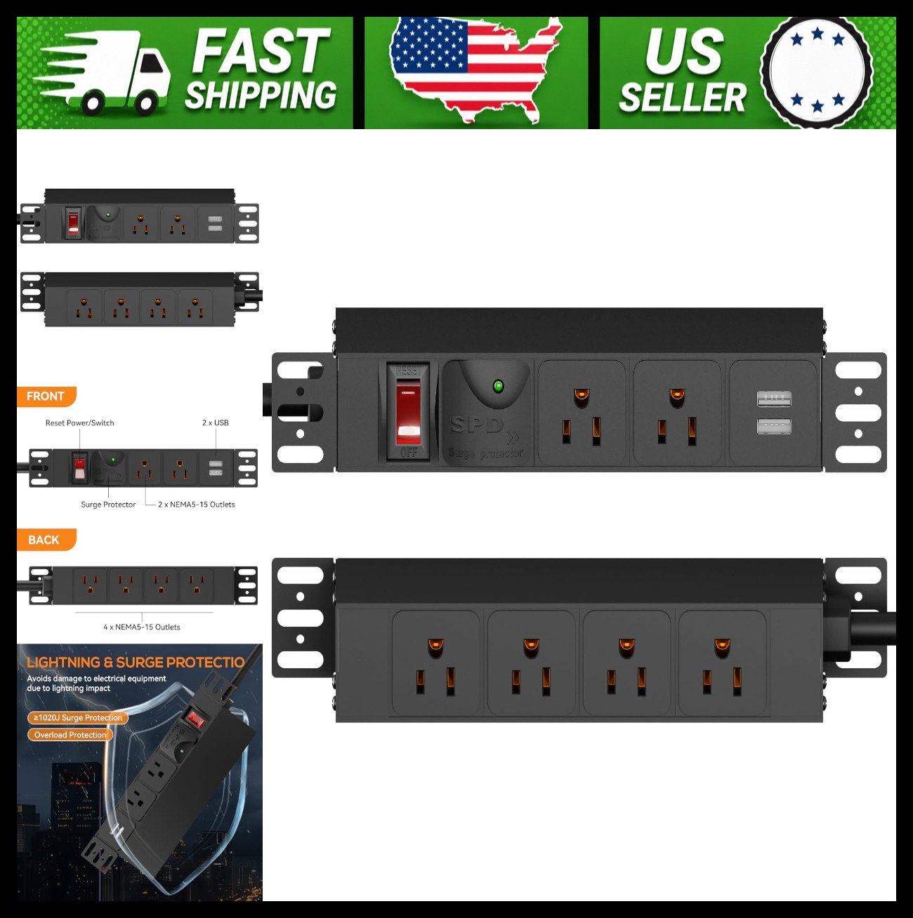 10 Inch Rack PDU 1U 6 Outlets Surge Protected 14AWG
