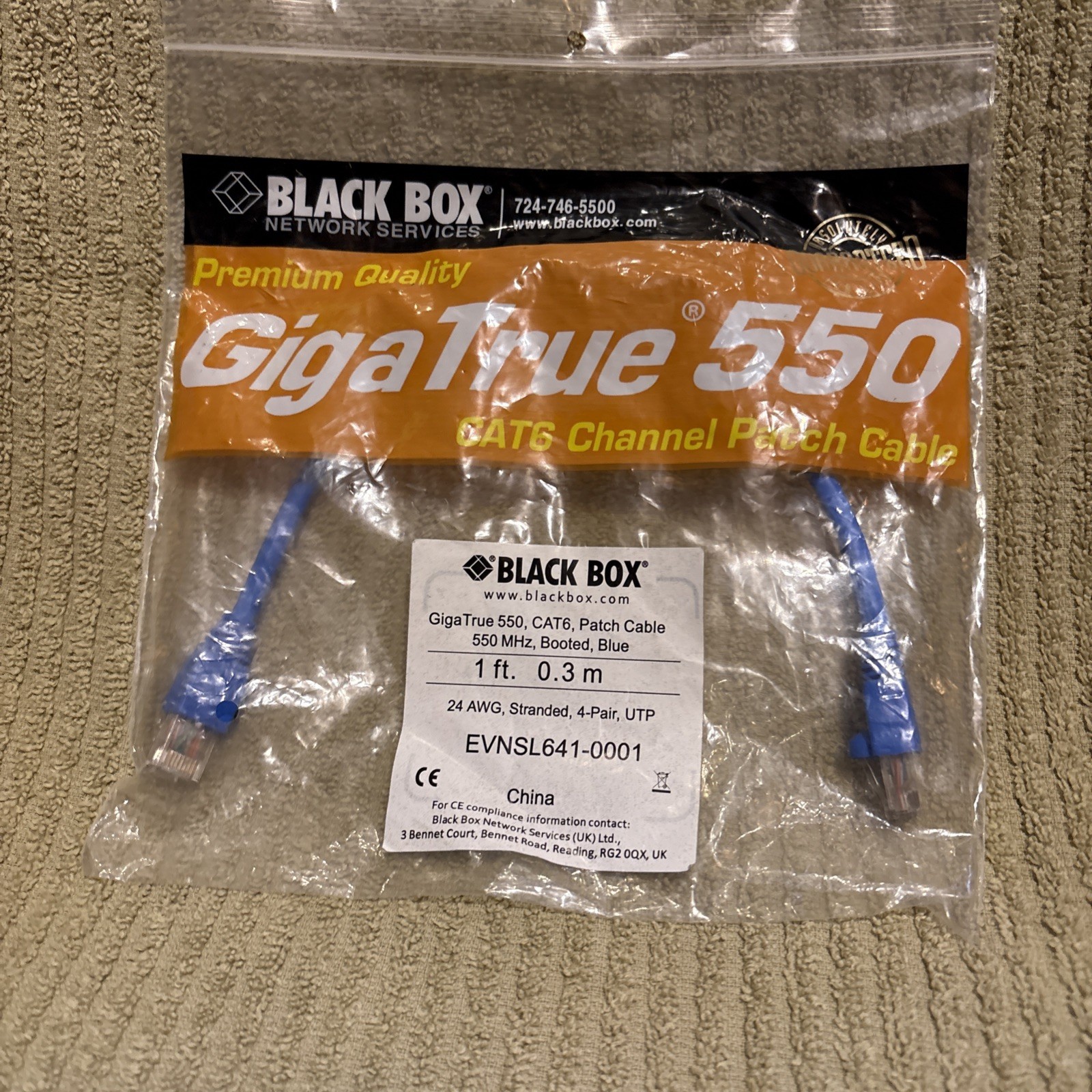 New Black Box Cat6 Channel Patch Cable 1 Foot