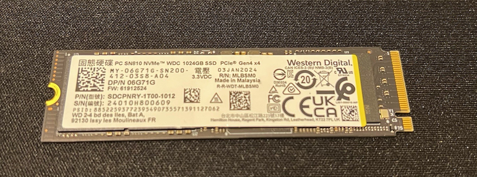 WD PC SN810 1TB M.2 2280 NVMe PCIe Gen 4 SSD 99% Health Tested
