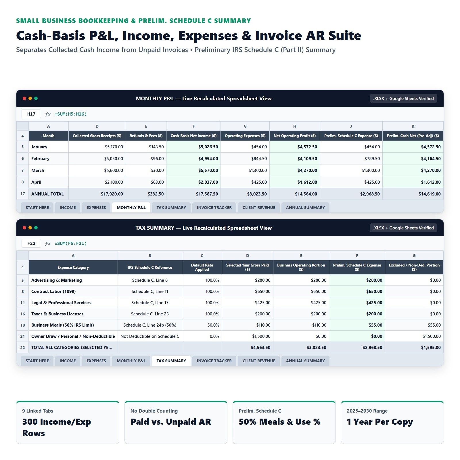 Small Business Bookkeeping Spreadsheet 2027 Income Expense P&L Excel & Sheets