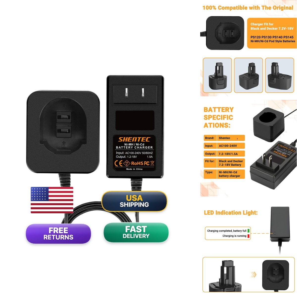 Shentec 7.2-18V Charger Compatible Black And Decker PS120 PS130 PS140