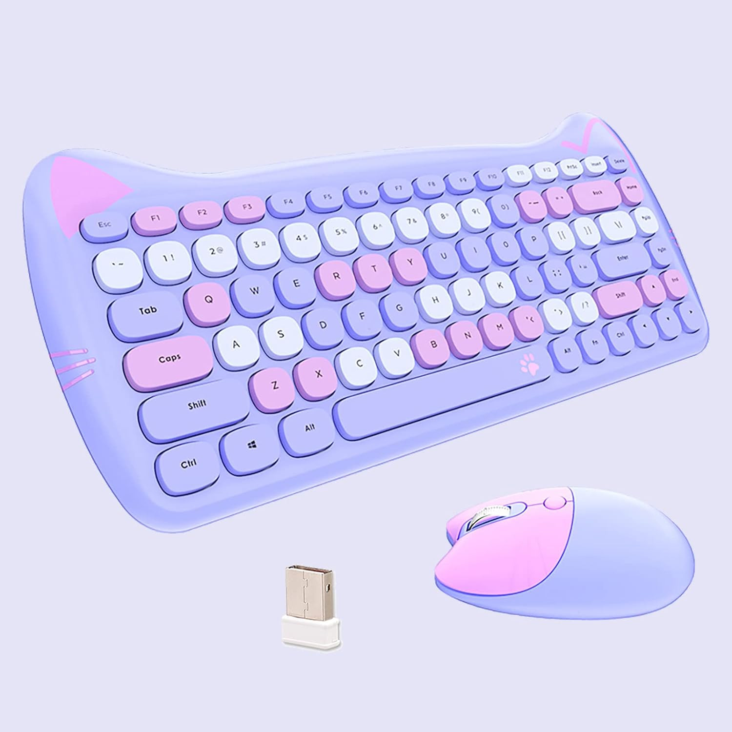 Cute Cat 2.4G USB Wireless Keyboard and Mouse Combo, Silent Keys, Candy Colors,
