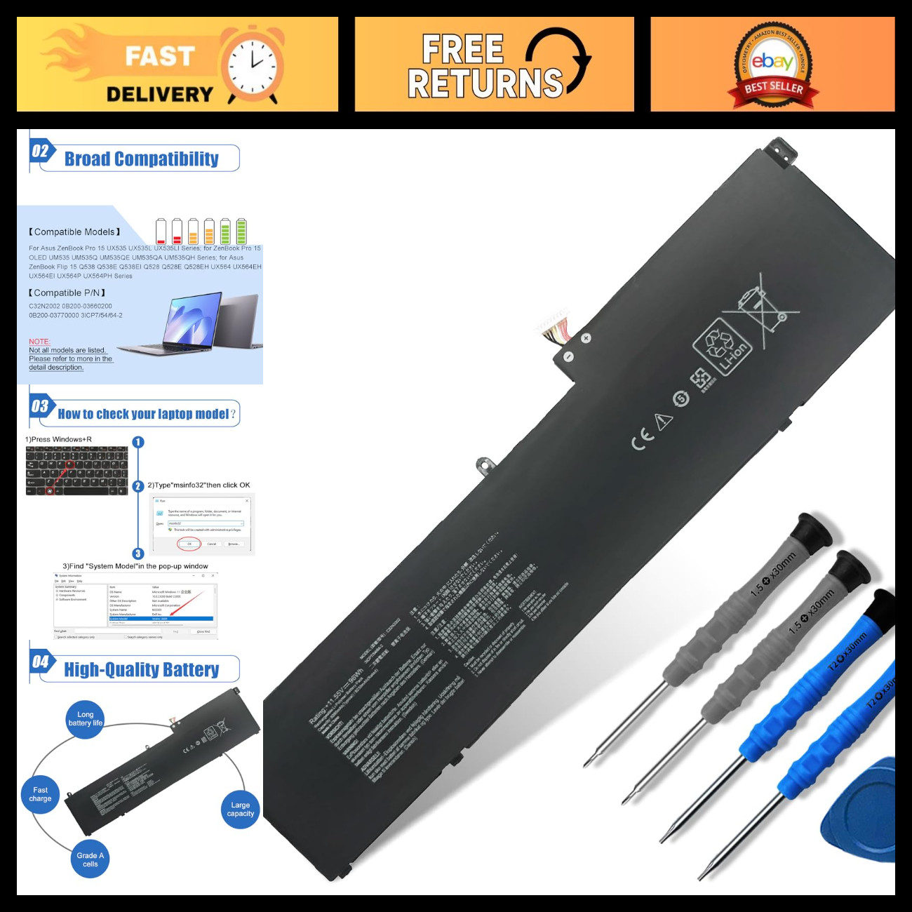 High-Capacity 96Wh Laptop Battery Replacement for Asus ZenBook Pro 15 UX535