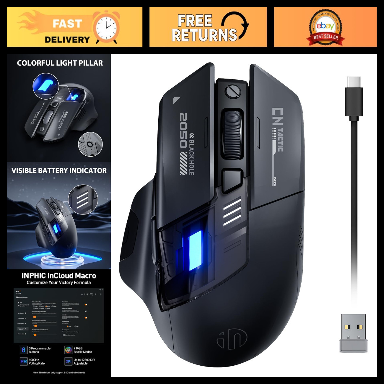 Wireless Gaming Mouse, Tri-Mode Rechargeable, Ergonomic Design, High Precision