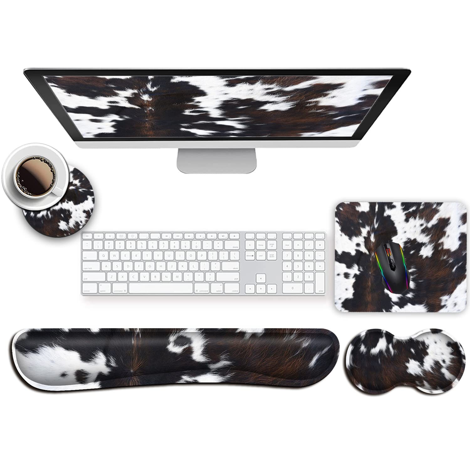 Keyboard & Mouse Wrist Rest Support Padded Memory Foam Set Cowhide Brown Black