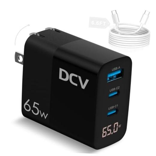 65W USB C Charger Block with Cable 6.6ft, GaN 3-Port Black+White Cable