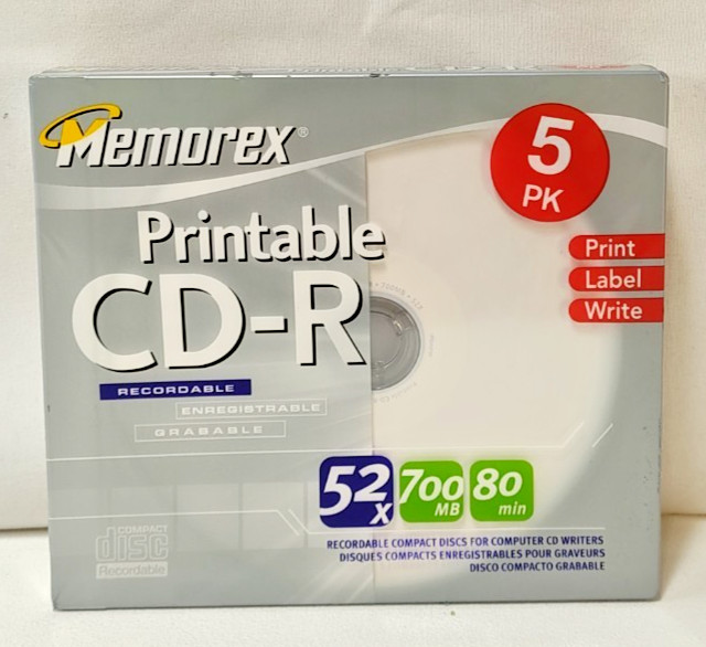 Memorex Printable CD-R 700MB 80 Min 52x Blank Discs 5 Pack Sealed New