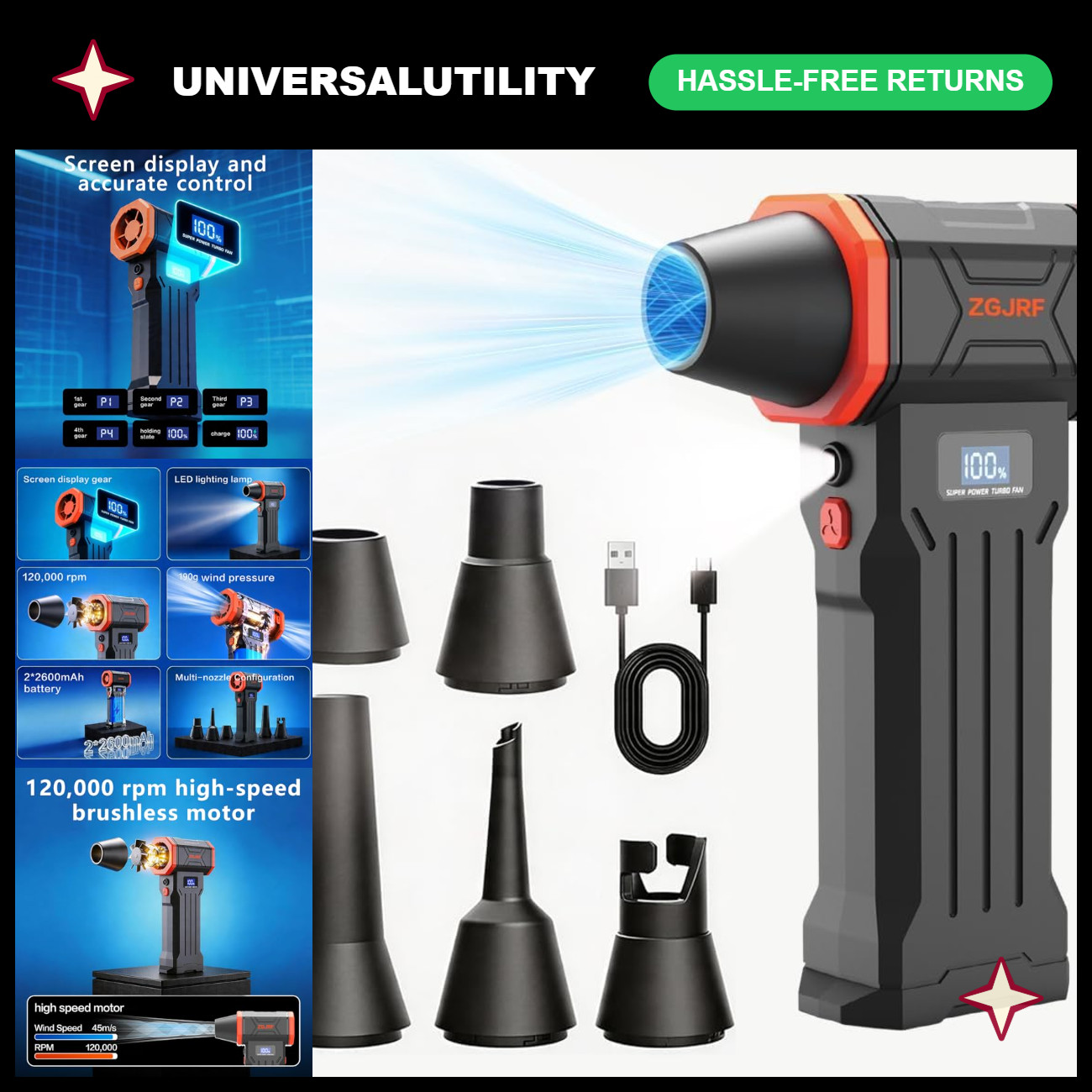 High-Powered Compressed Air Duster 120,000 RPM, Rechargeable Cordless Mini Blowe
