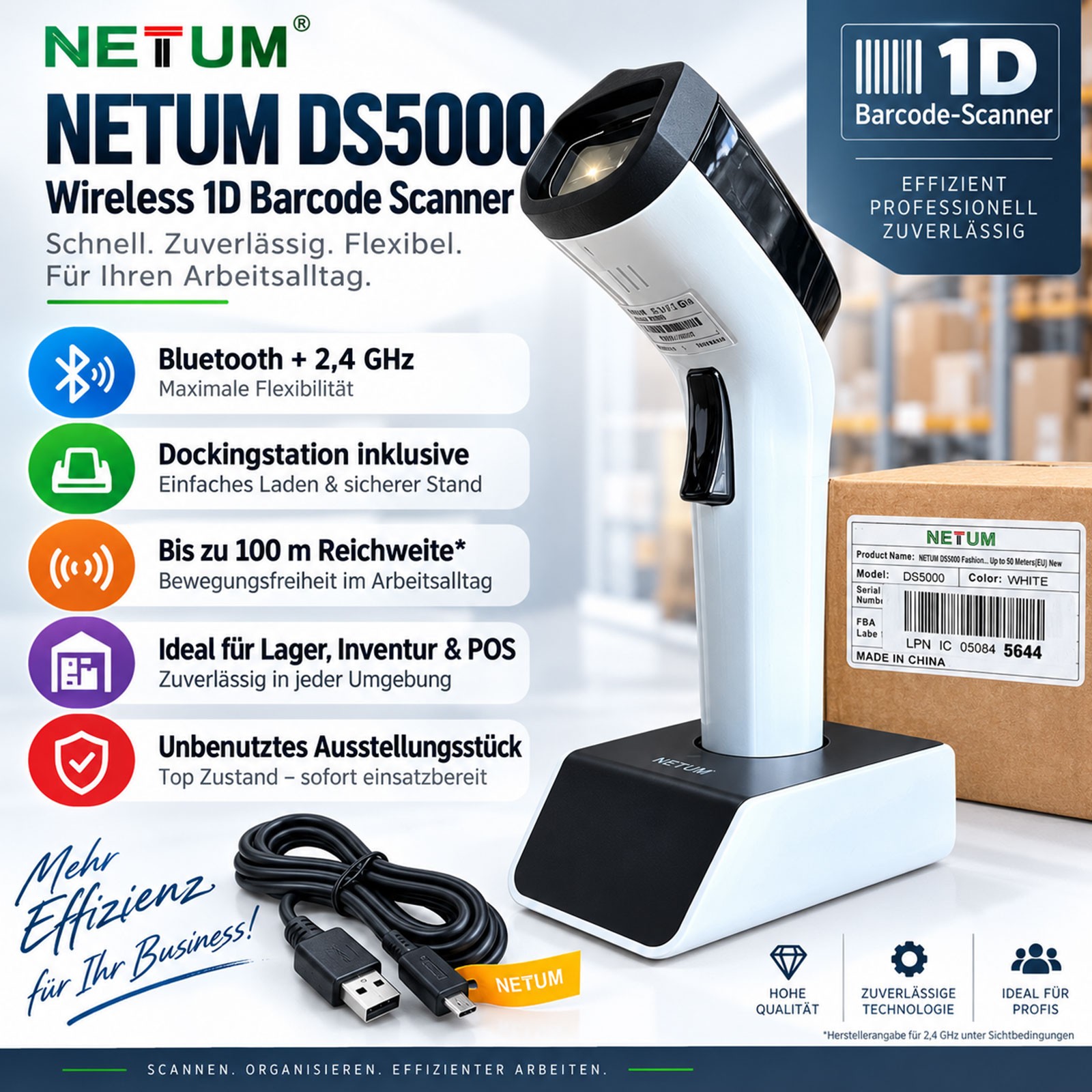 NETUM DS5000 Wireless 1D Barcode Scanner Bluetooth 2.4GHz with Docking Station