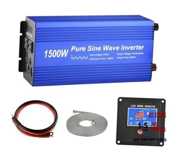 Pure Sine Wave Power Inverter DC12V to AC 110V with Dual sockets and USB, 1500W