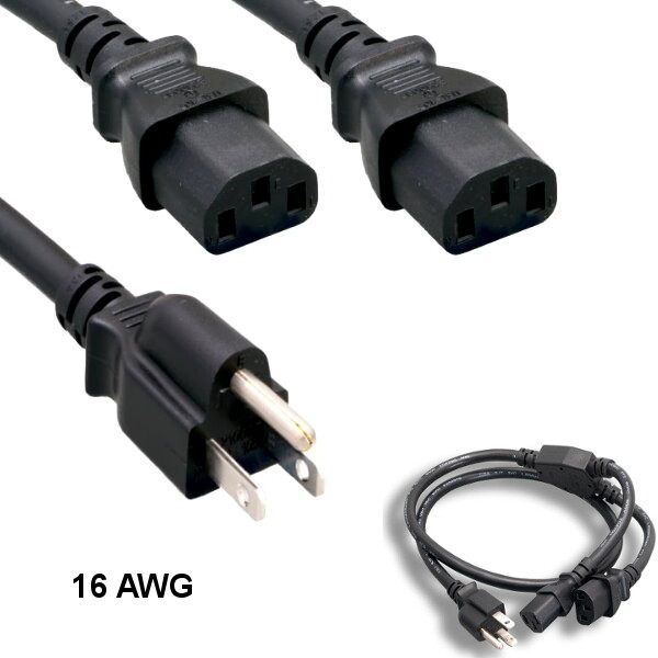 Kentek 6' ft 16 AWG Power Splitter Cord NEMA 5-15P to 2x IEC60320 C13 13A/125V