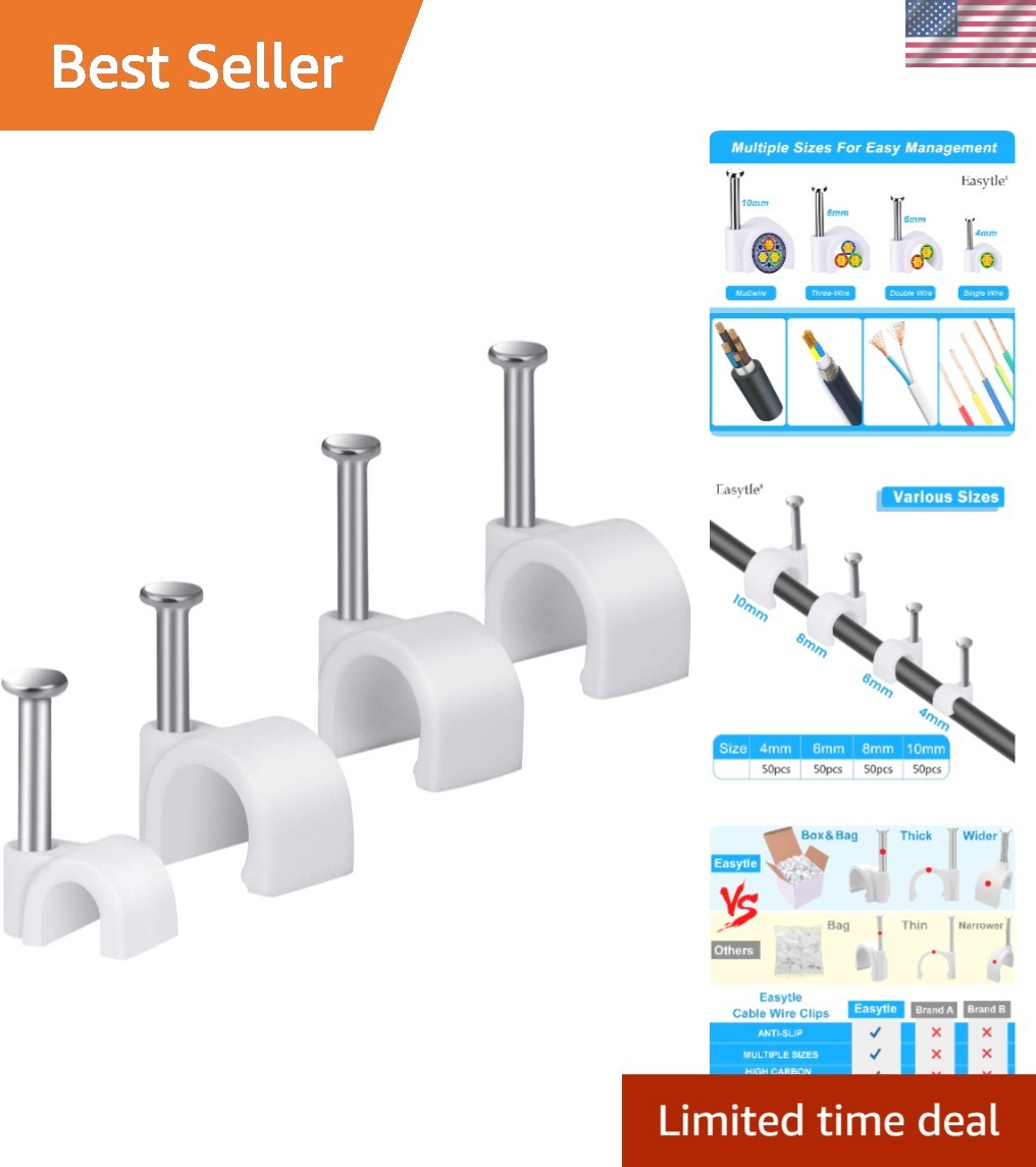 Durable White Cable Wire Clips - 200 Pcs in 4 Sizes for Easy Organization