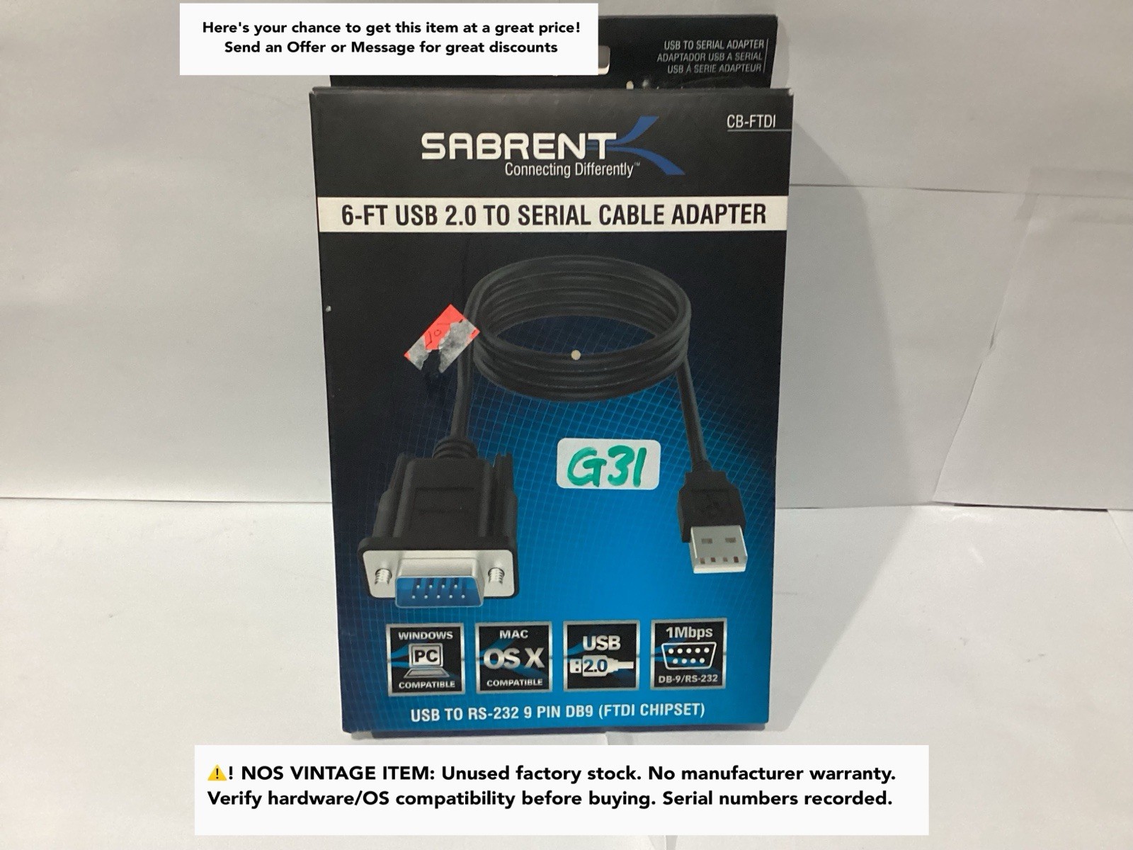 Sabrent 6FT USB to Serial RS-232 DB9 Adapter Cable FTDI Chipset CB-FTDI Vintage