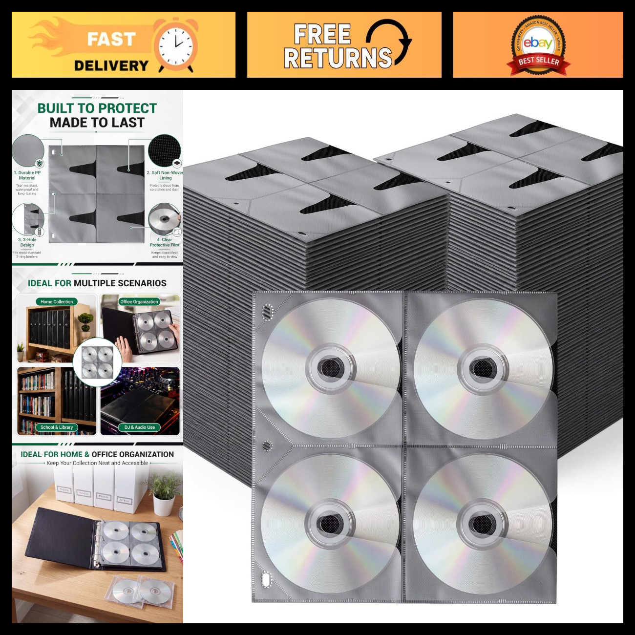 100 Pack CD DVD Binder Pages Refill Sheets for 3 Ring Binders - Black Storage