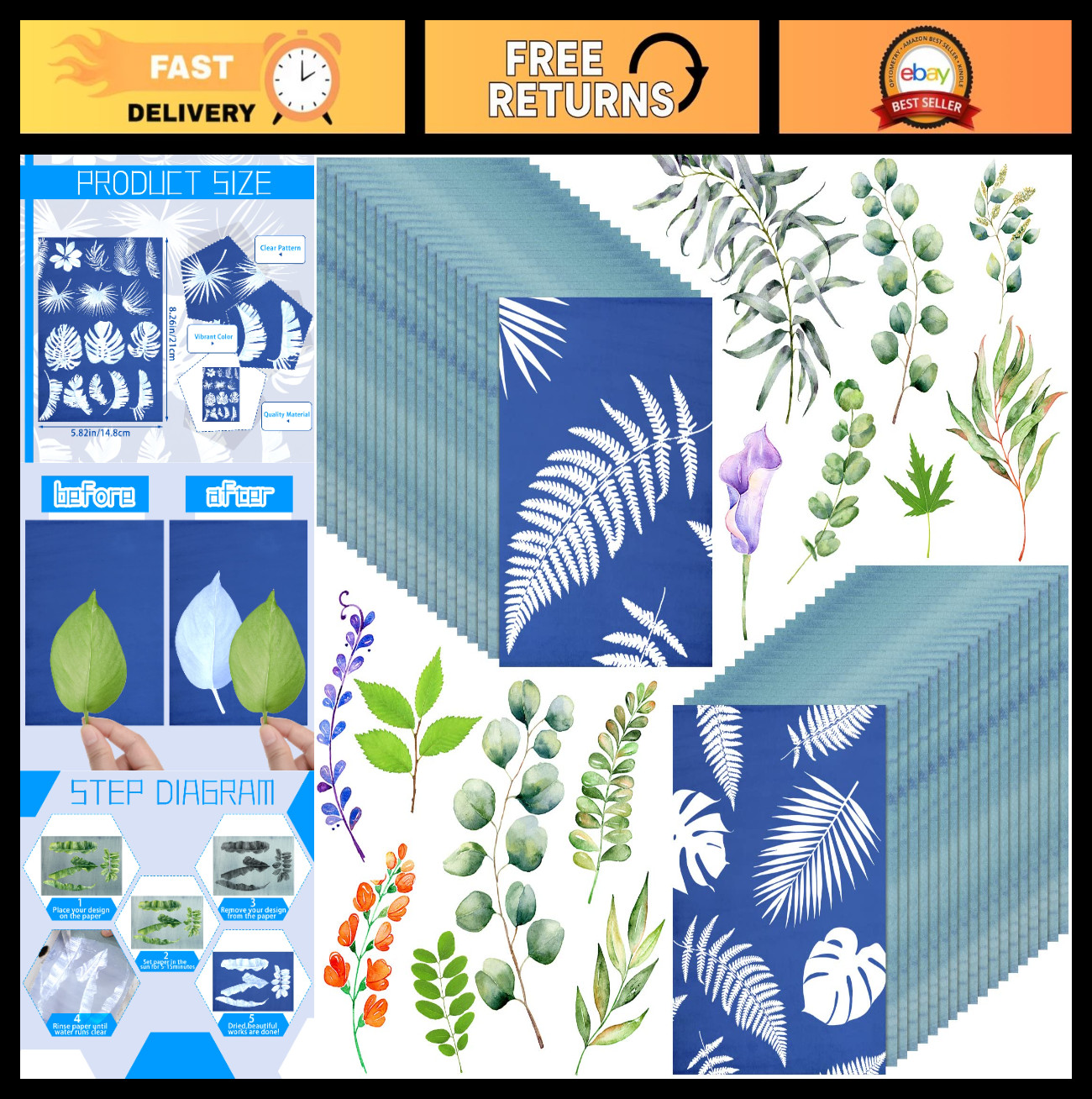 60 Sheets Sun Print Paper Kit - High Sensitivity Cyanotype Paper for DIY Art & C