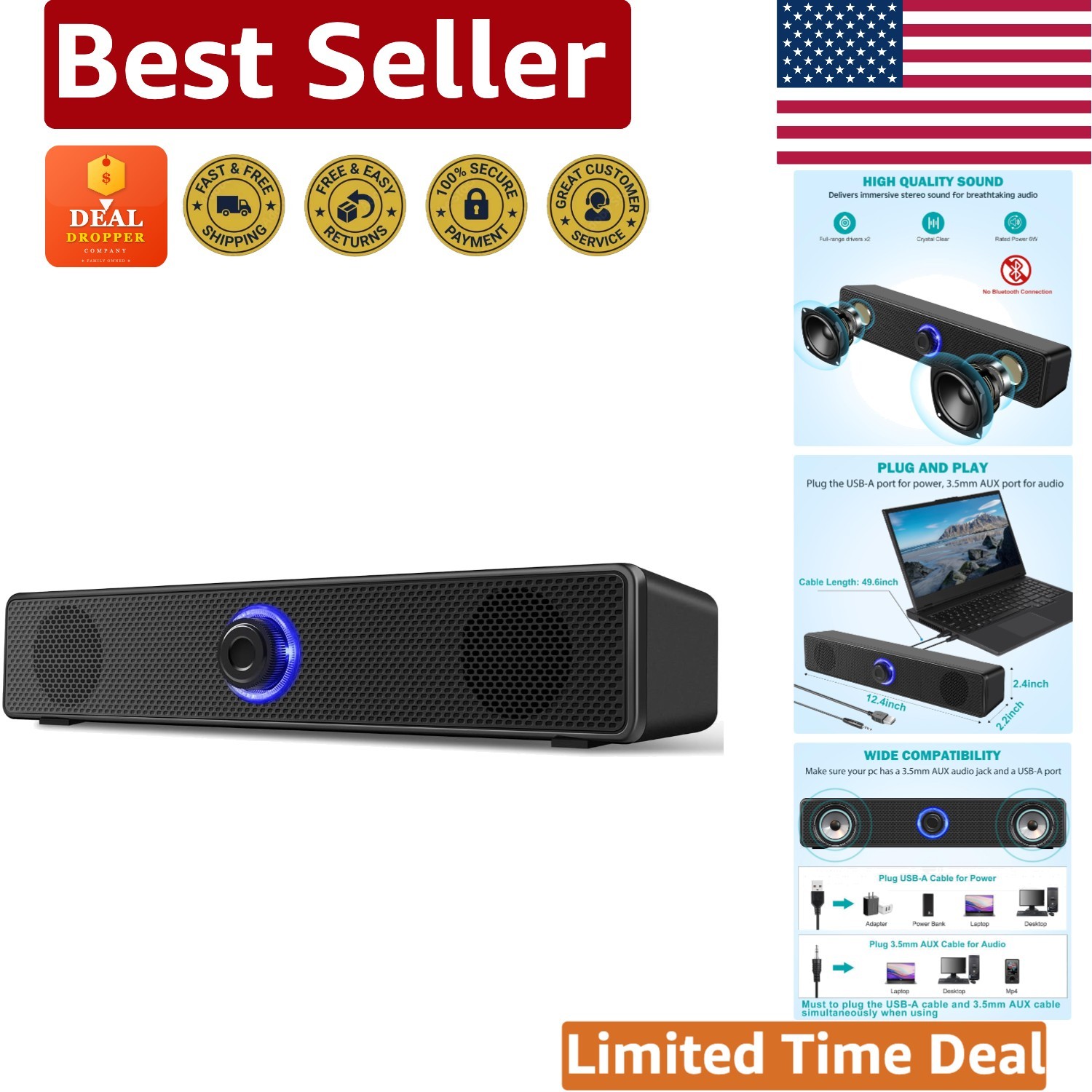 USB-A Powered Wired Stereo Speakers for PC & Laptops - Compact 3.5mm AUX