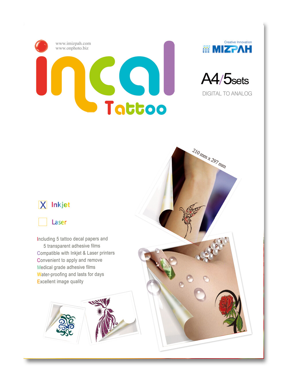 [Incal Tattoo]  Temporary Tattoos Decal Paper for Laser  Printer - 5sets(A4)