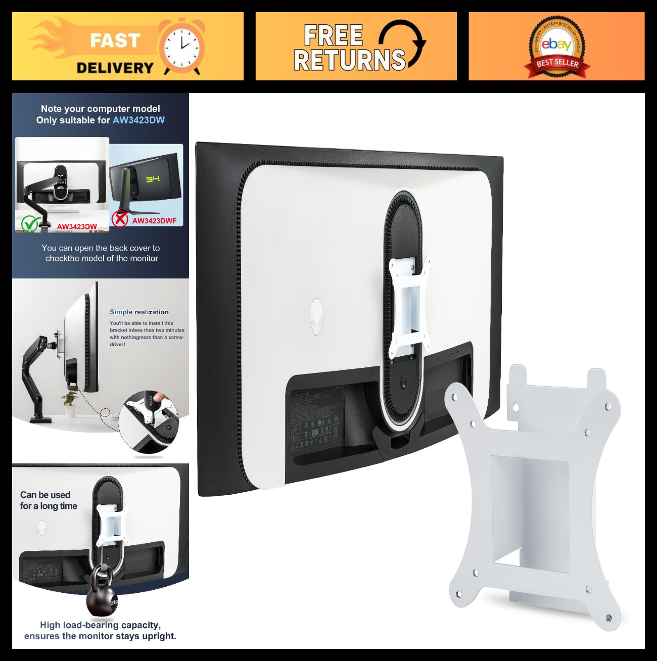VESA Mount Adapter Bracket for 34" Curved QD-OLED Monitor - Fits 75x75mm & 100x1