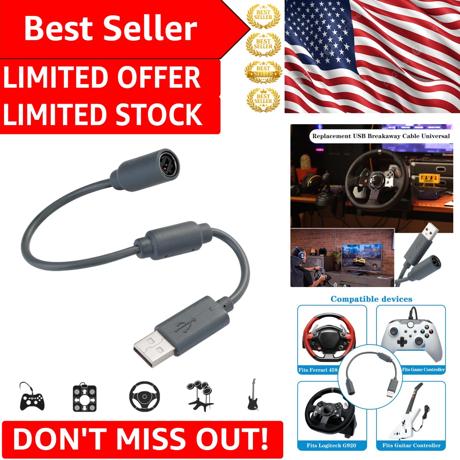 High-Speed USB Breakaway Cable for Logitech G Series & Guitar Hero Controllers