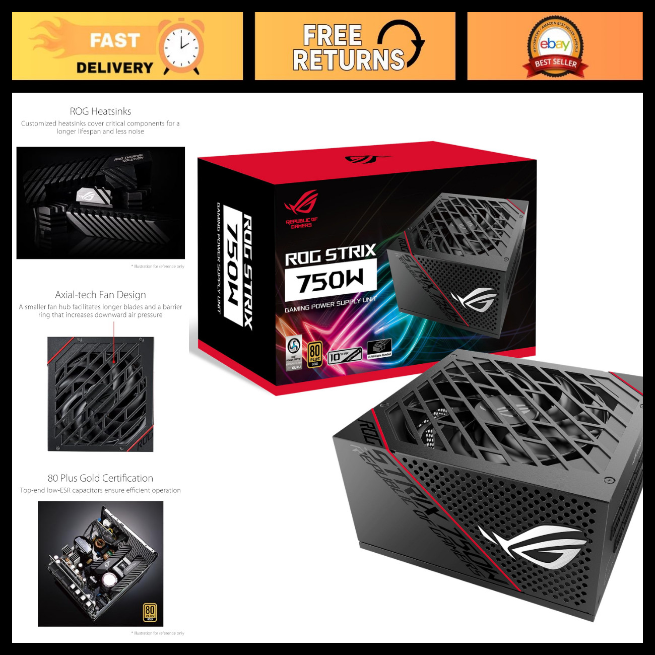 750W Fully Modular ATX Power Supply - 80 Plus Gold, 0dB Fan, 10 Year Warranty