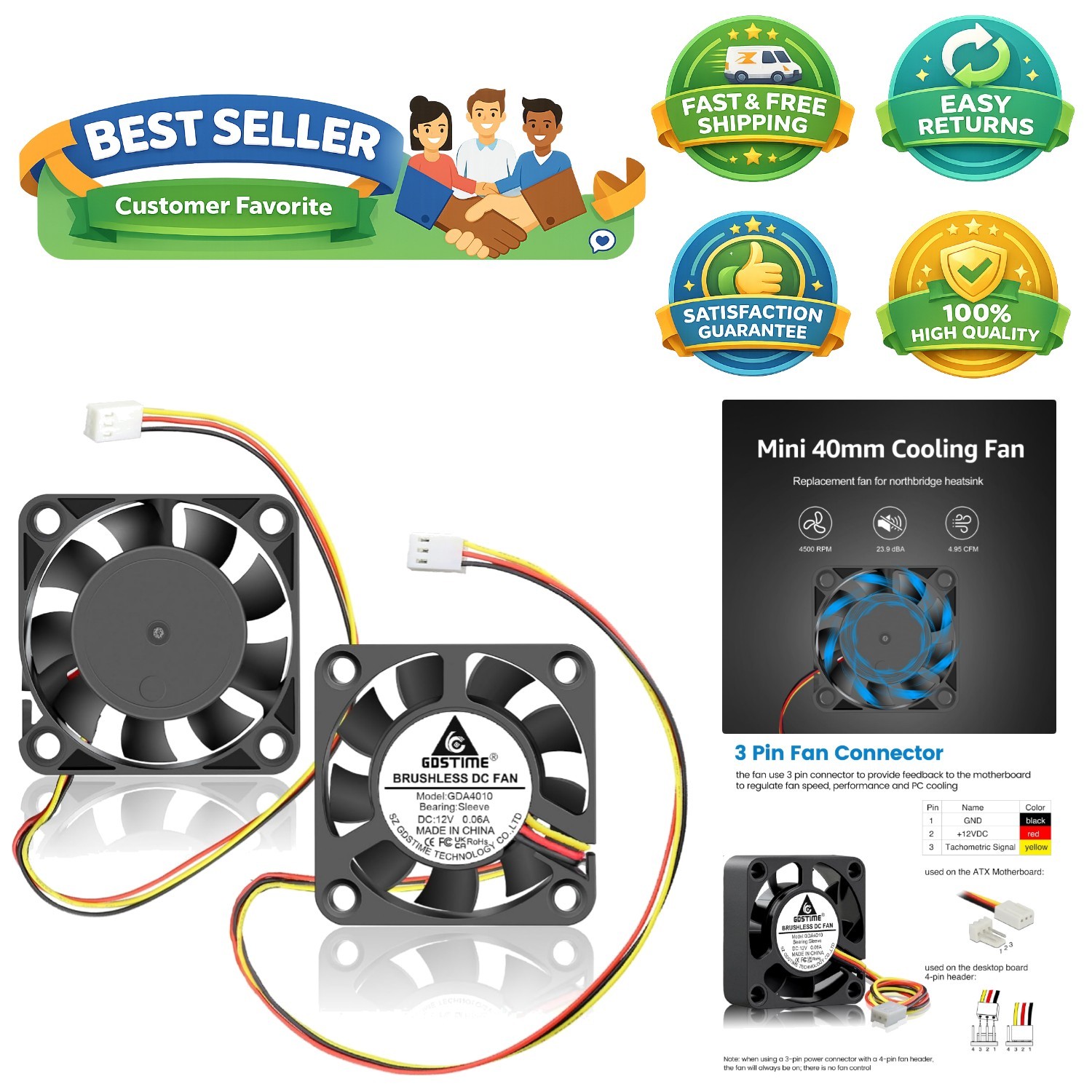 Compact & Efficient 40x40x10mm Mini Fans - 12V 3-Pin, 2-Pack for Ideal Upgrades
