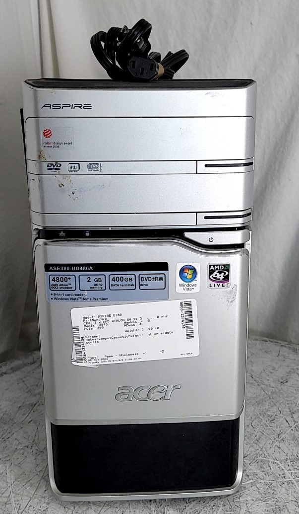 TOWER ACER ASPIRE E380 Tower PC ATHLON 64 X2 DUAL CORE 4800 2GB 400GB SEE NOTES