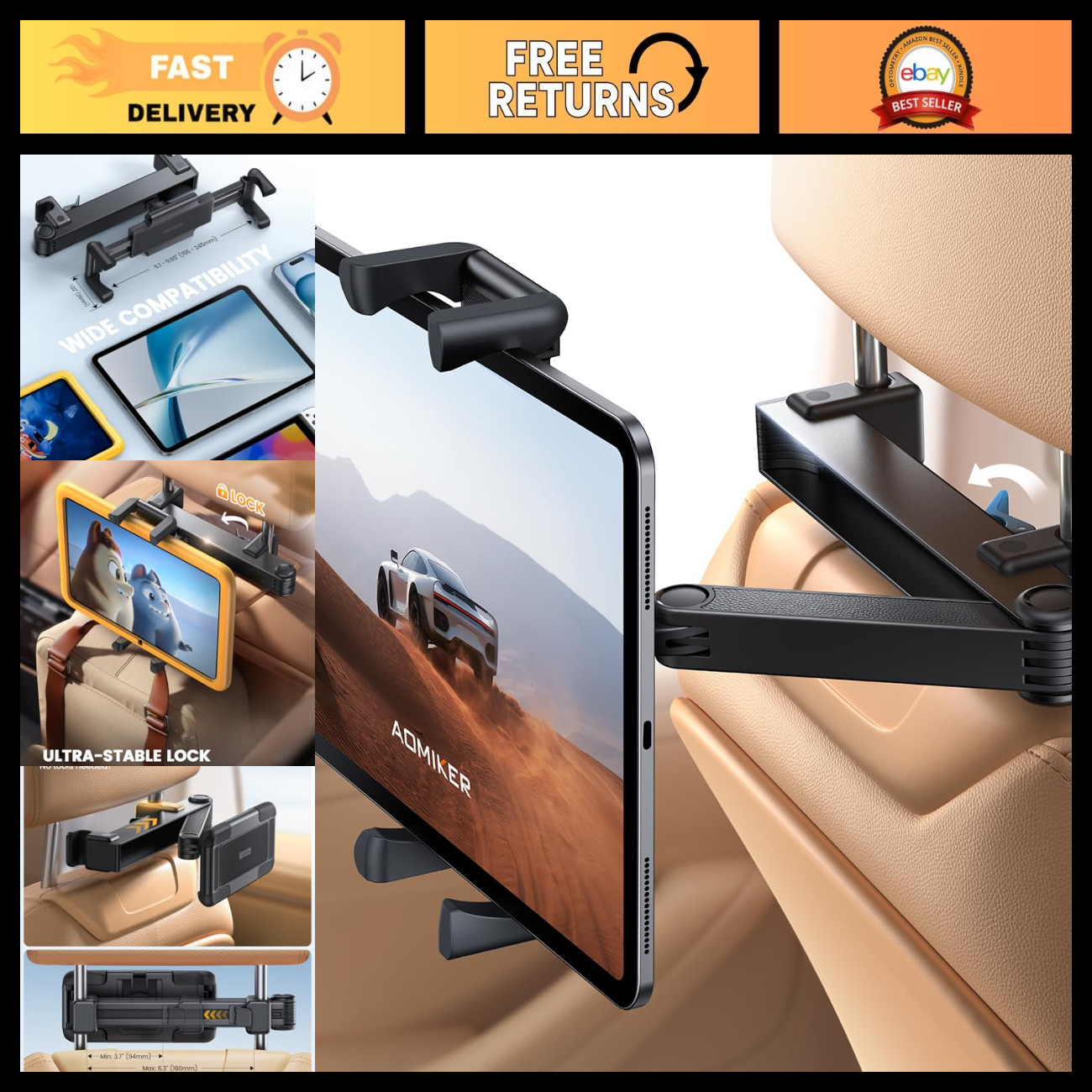 Universal Car Headrest Tablet Holder - Lockable Arm, Foldable Clip for iPad & Ga
