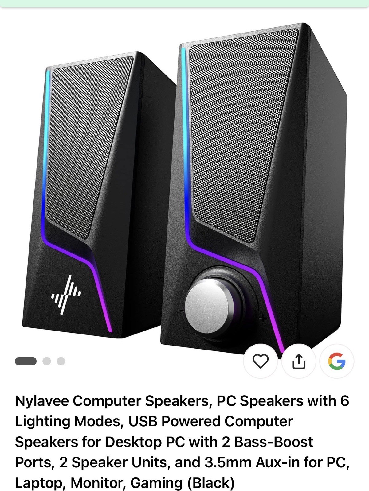 NYLAVEE COMPUTER SPEAKERS PC 6 LIGHTING MODES USB POWERED SK400 - BLACK