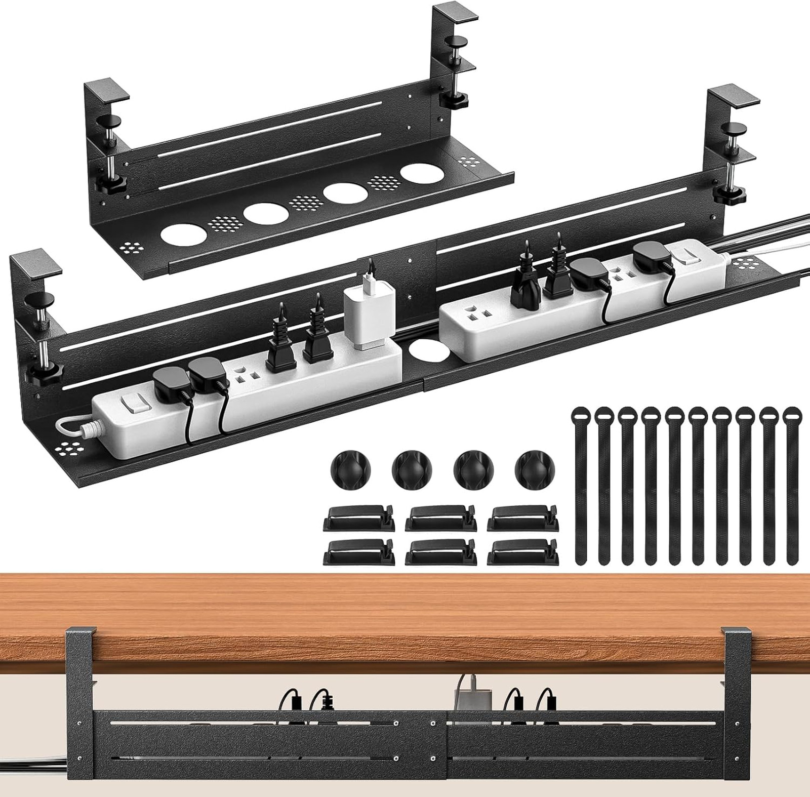 Cable Management Tray Iron Adjustable Length Mounting Clamp No-Drill Office Desk