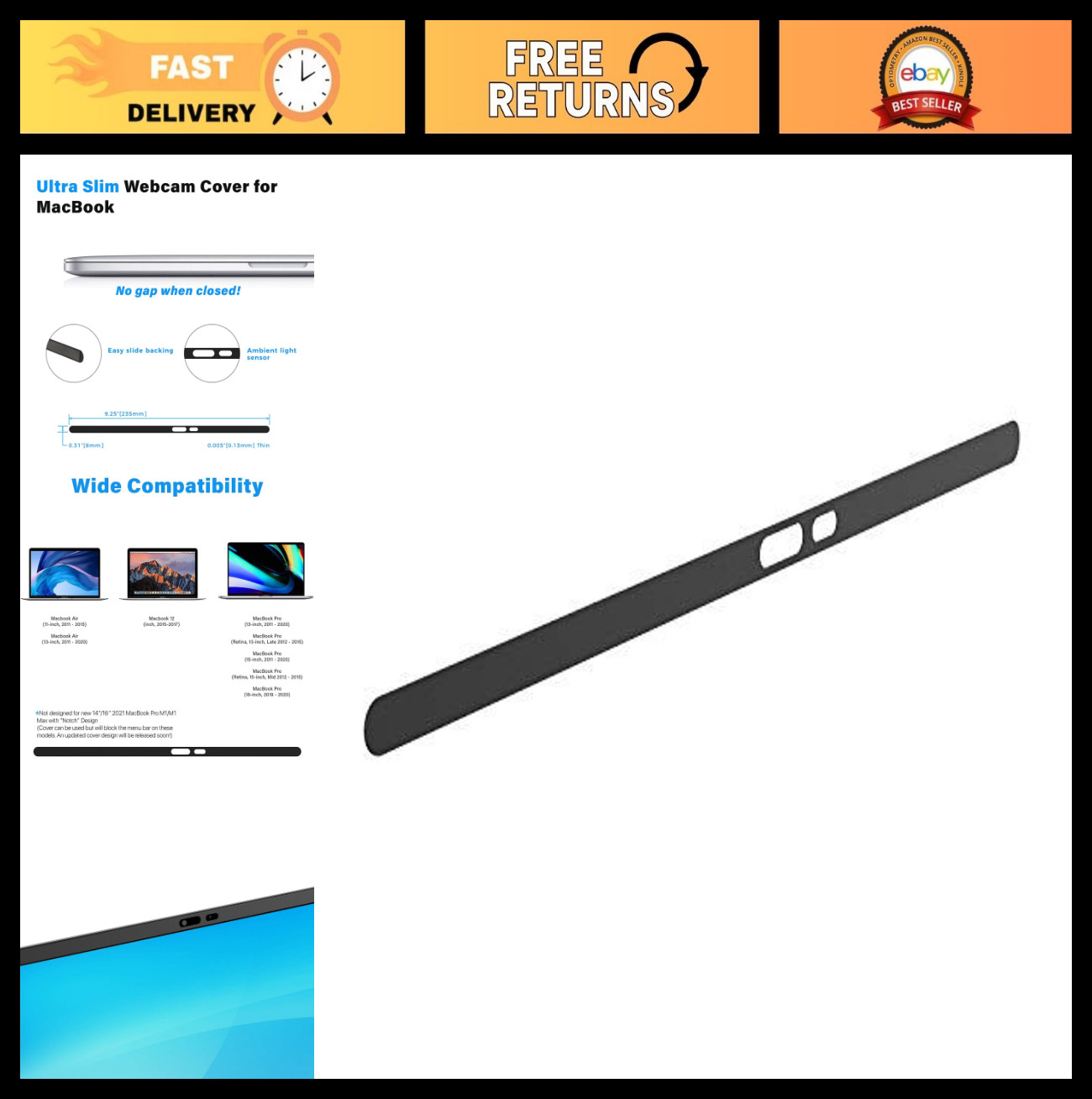 Magnetic Webcam Cover for Laptop - Slim 0.01-Inch Profile, Privacy Control, Blac