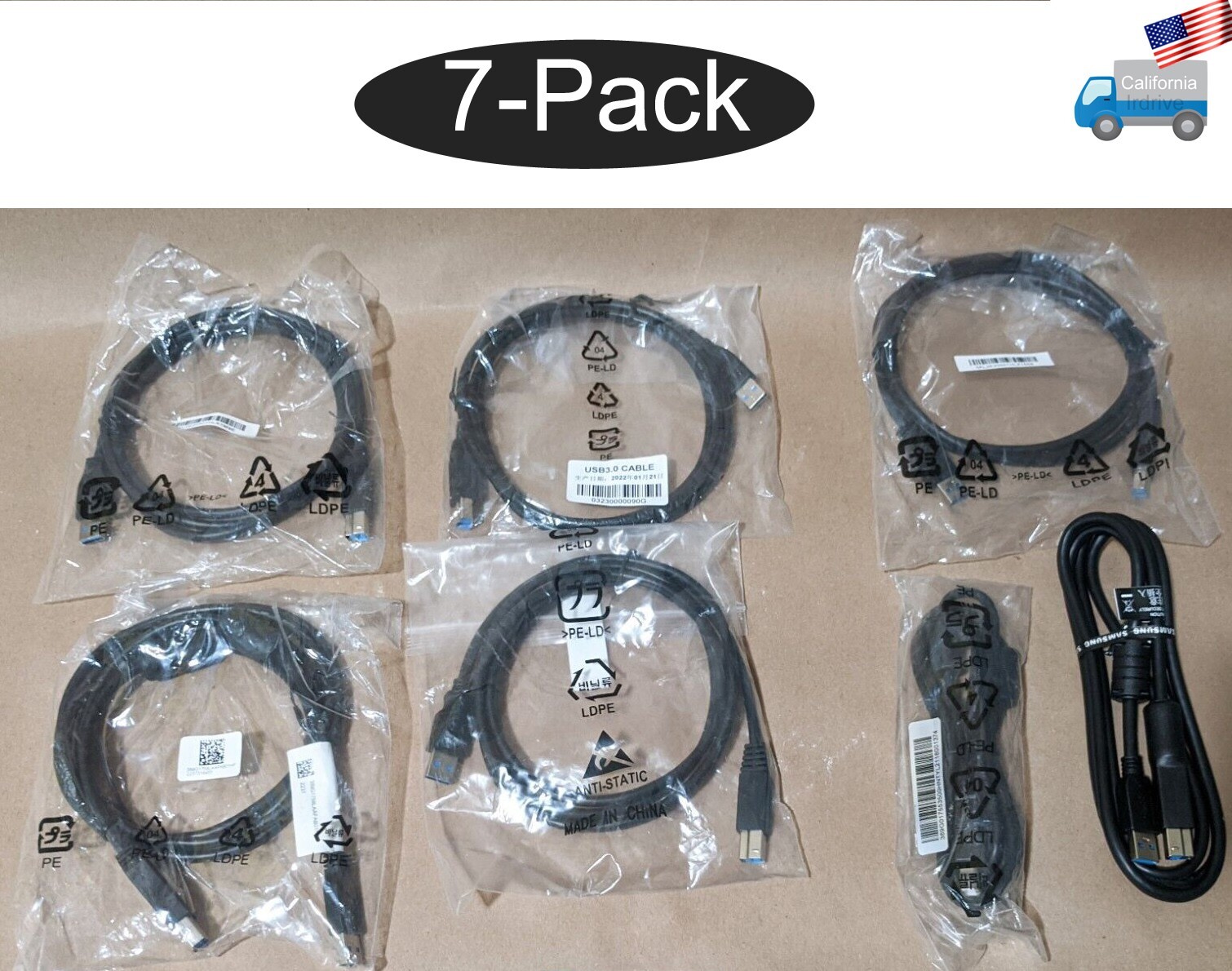 NEW 7-Pack USB 3.0/2.0 High Speed Printer/Scanner Port Cables USB-A to USB-B M/M