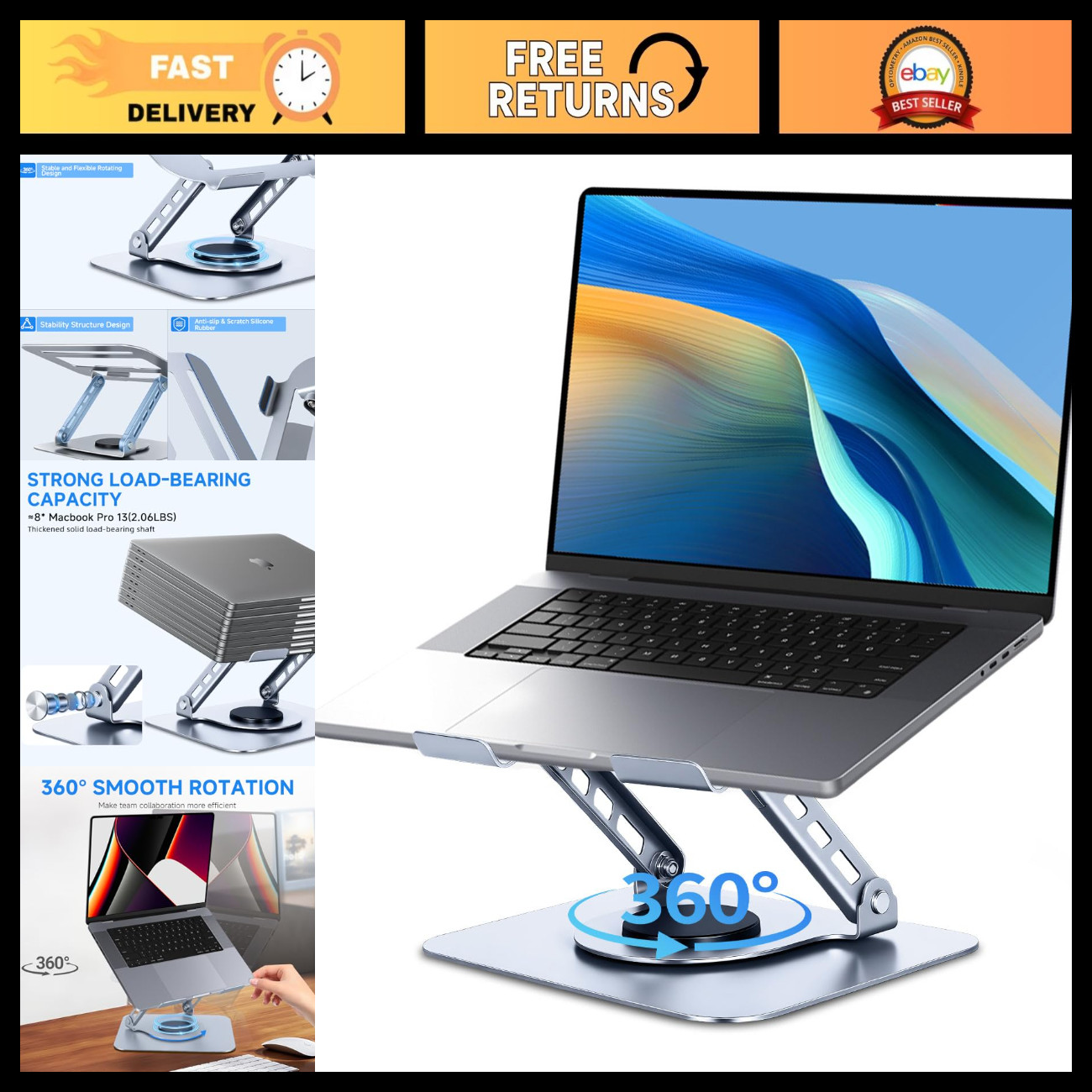Ergonomic 360° Rotating Laptop Stand, Adjustable Aluminum Riser for Comfort & St