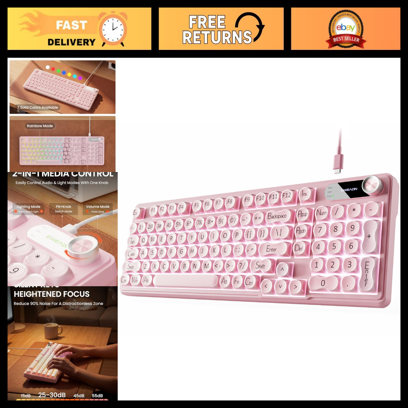 98-Key Wired RGB Backlit Keyboard with Number Pad & Media Knob - Pink