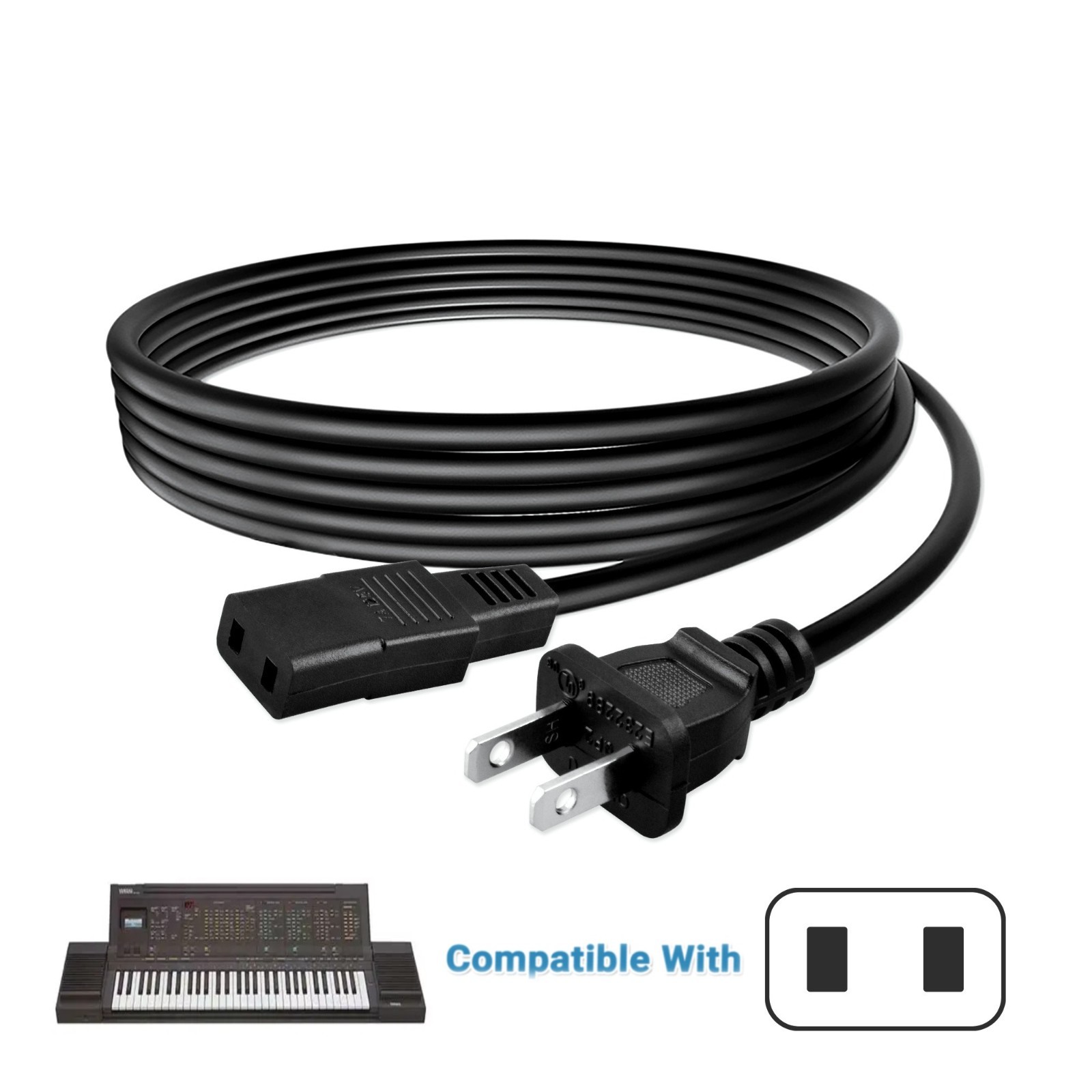 8ft 2-Prong Square AC Power Cord Cable for Yamaha Model PSR-6300 Keyboard Synth
