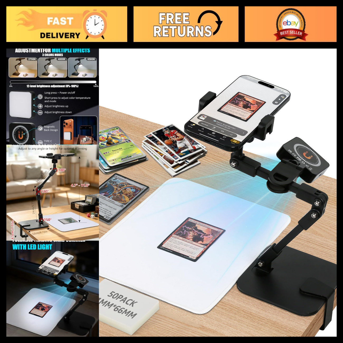 Trading Card Scanner - MTG, TCG & Sports Cards, LED Light Phone Stand, Foldable