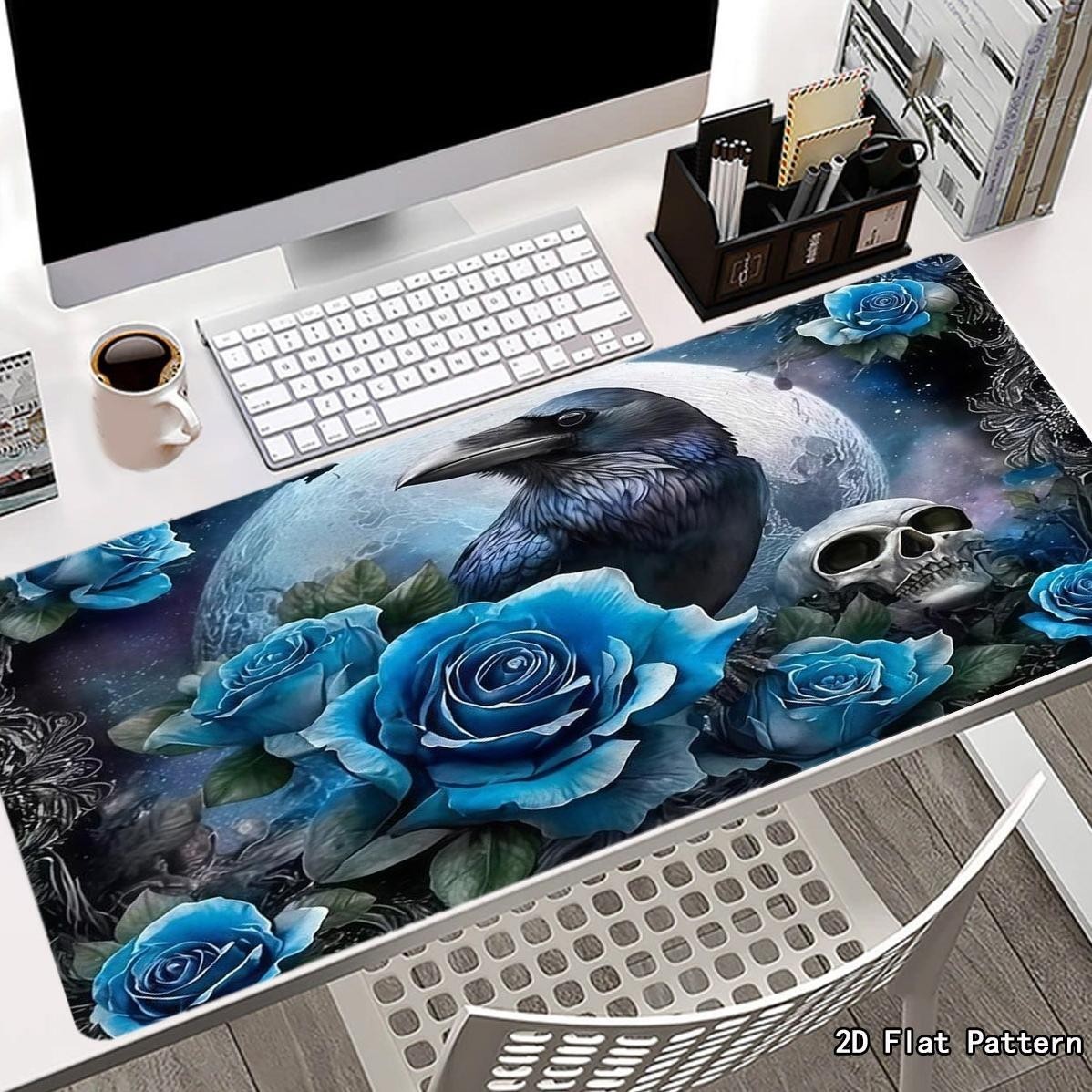 1pc Gothic Mystical Raven Blue Rose Skull Mouse Pad, Rubber Base Non-Slip Desk