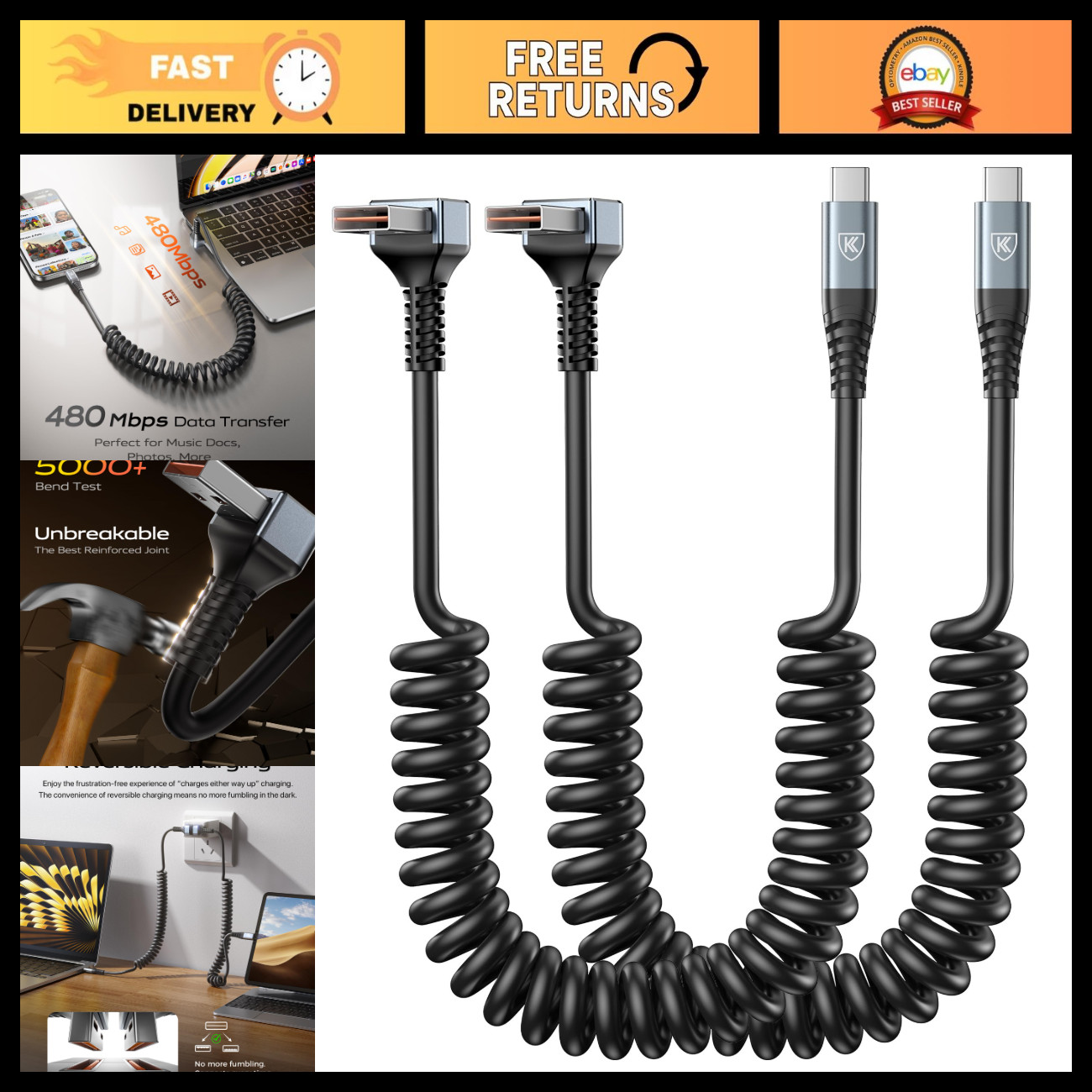 Coiled 3ft USB A to USB C Cable - 90 Degree Connector, 2-Pack for Car & Travel