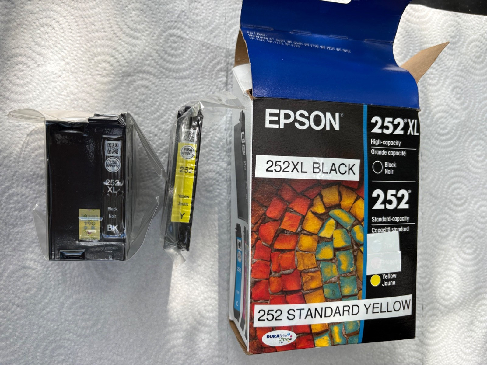 Epson T252 Ink Cartridges.  252XL-Black High Yield   T252-Yellow Standard Yield