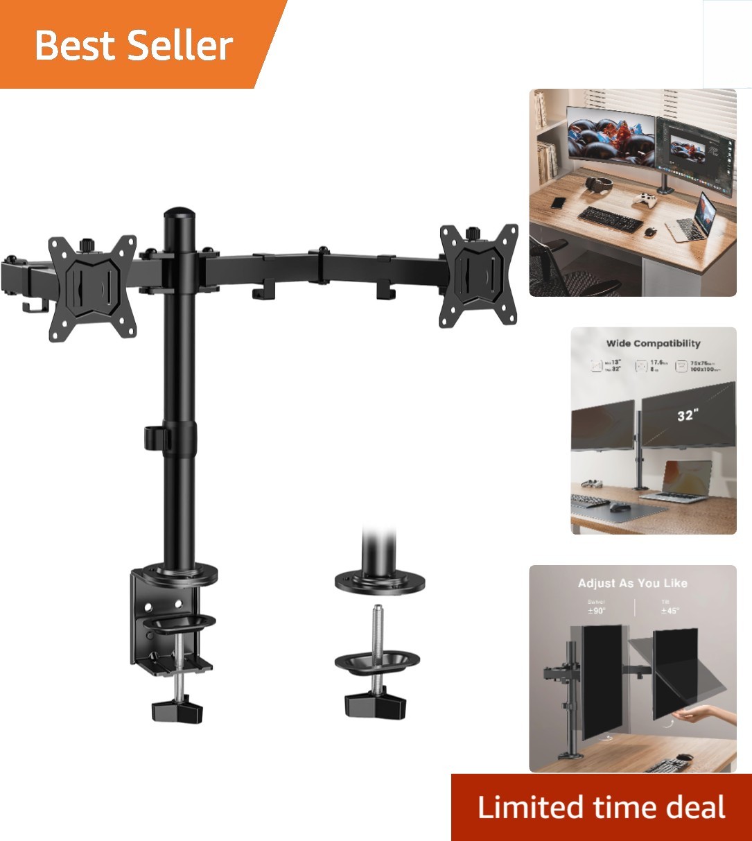 Versatile Dual Monitor Mount, Supports 13-32” Screens - Ergonomic & Adjustable