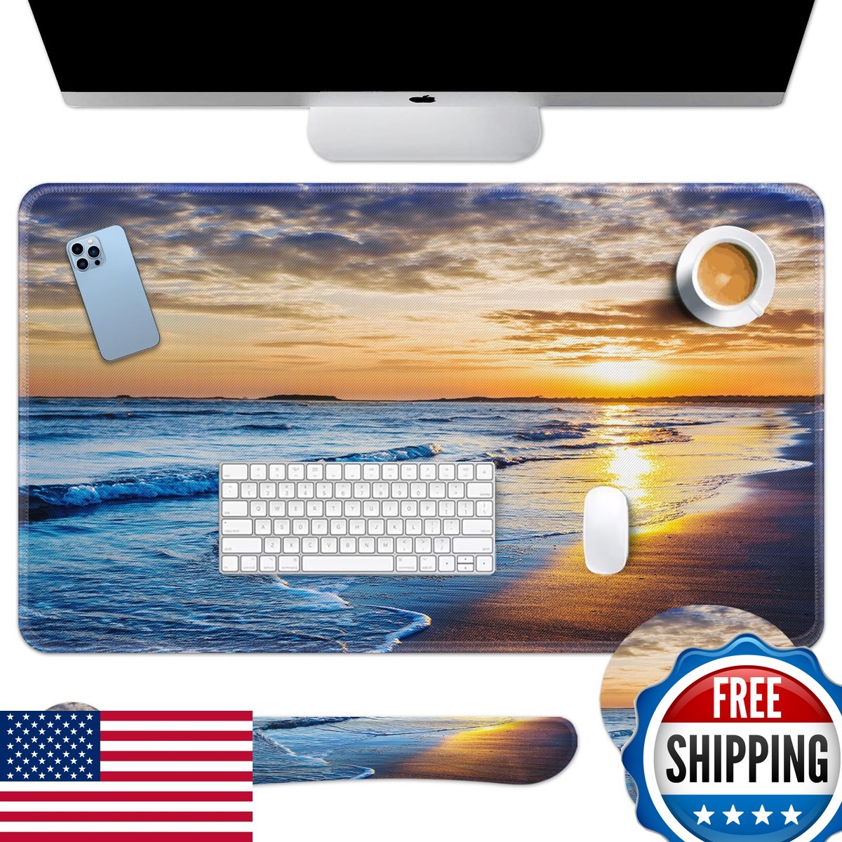 Arttown Keyboard Mouse Pad Set, 4 In 1 Desk Mat Set Ocean Beach Sunset
