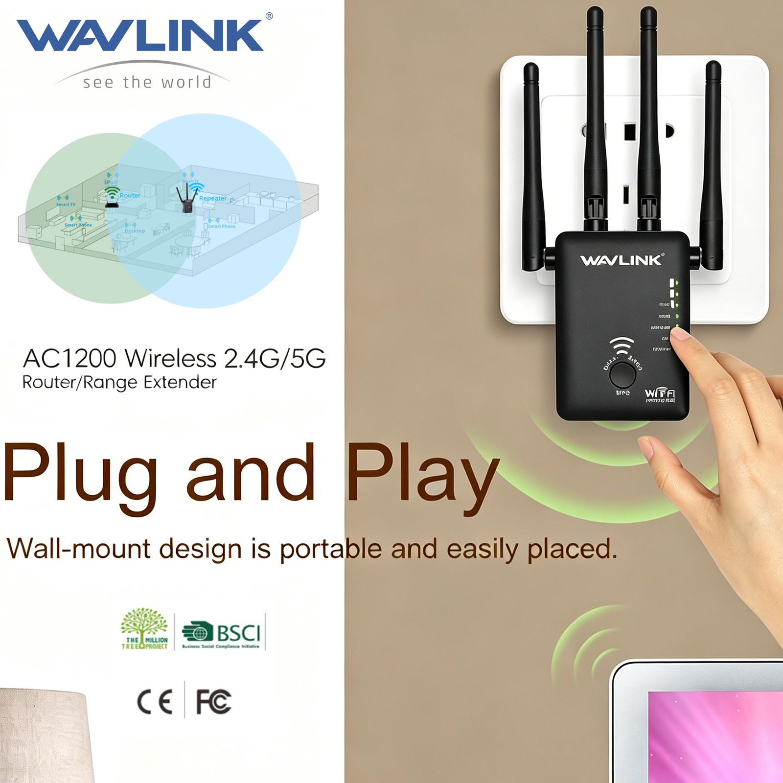 WAVLINK WiFi Range Extender Repeater Wireless Router Signal Booster 1200Mbps