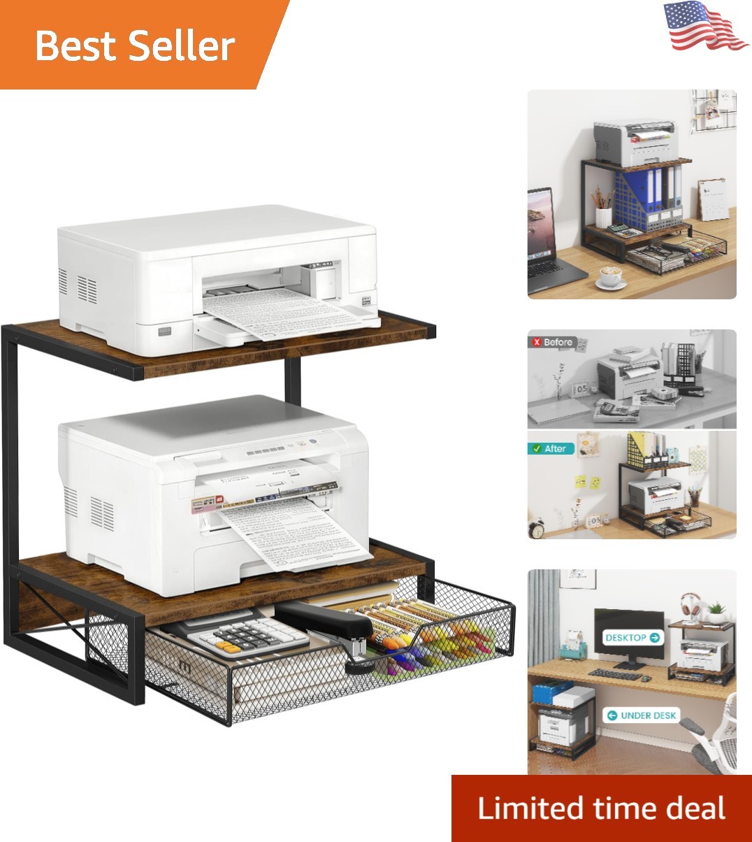 Sturdy 2-Tier Desk Printer Stand with Drawer - Space-Saving Home Office Solution