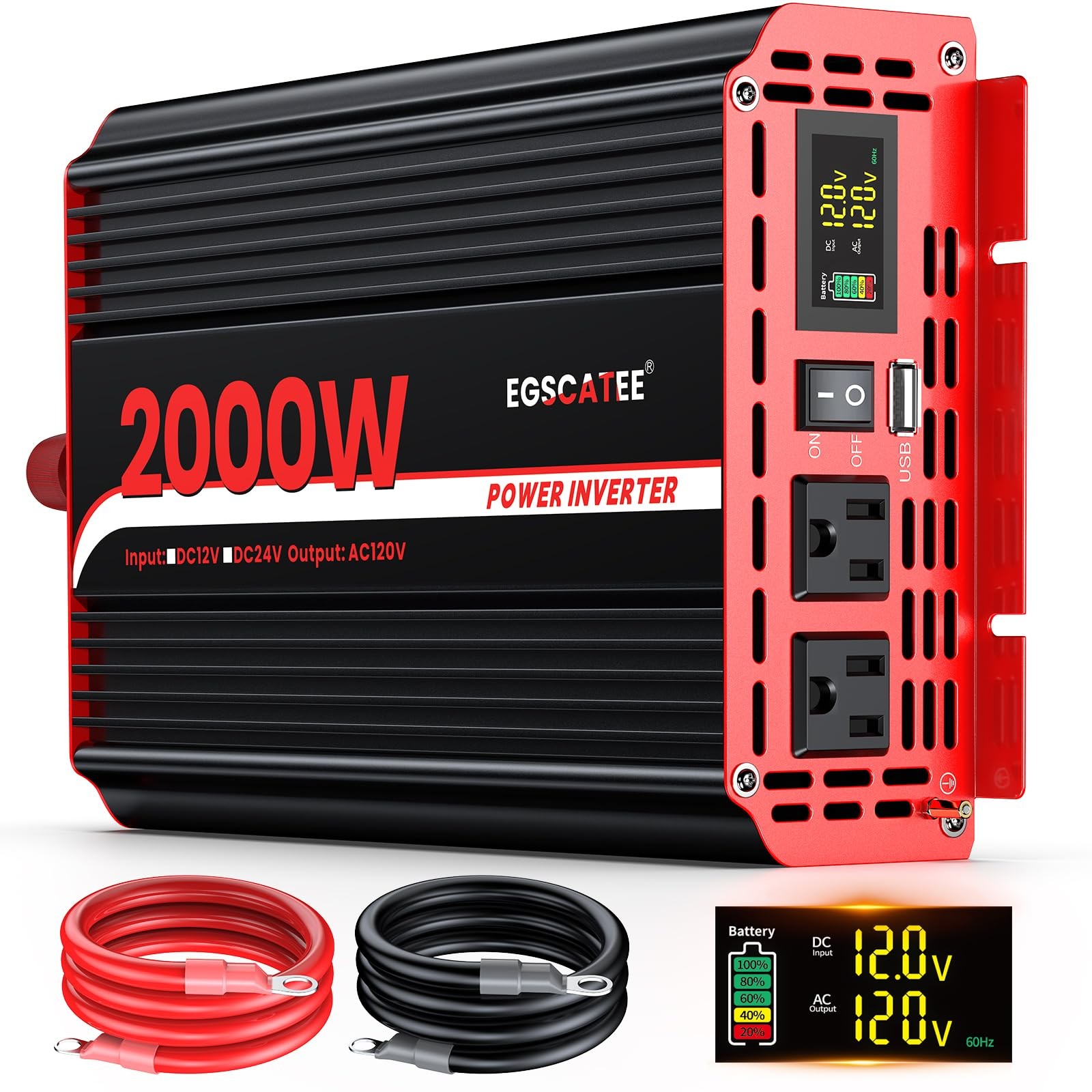 2000W Power Inverter 12V DC to 110V/120V AC Converter, Peak Power 4000W Car I...