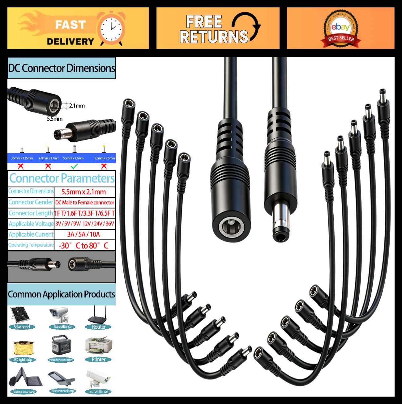 10pcs 5.5mm x 2.1mm DC Power Extension Cable, 1FT Male to Female, 18 AWG, 12V/24