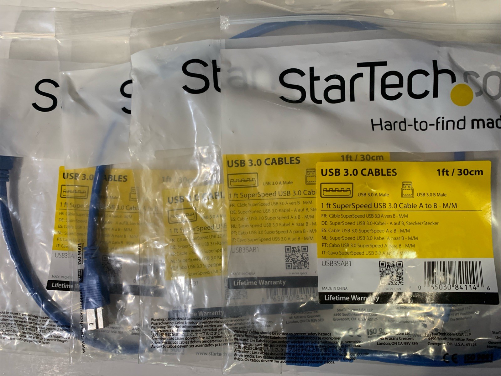 Startech USB3SAB1 1ft USB 3.0 Cable A to B M-M Blue Lot Of 4 NEW