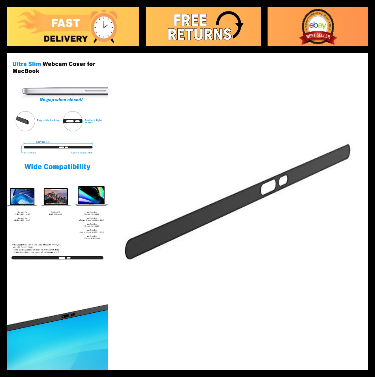 Magnetic Laptop Camera Cover - Slim 0.01-Inch Profile, Privacy Slide, Black