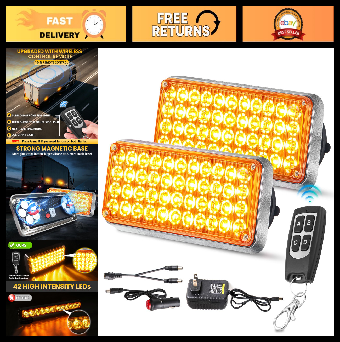 Upgraded Amber Wireless Strobe Lights w/Remote Control for Trucks