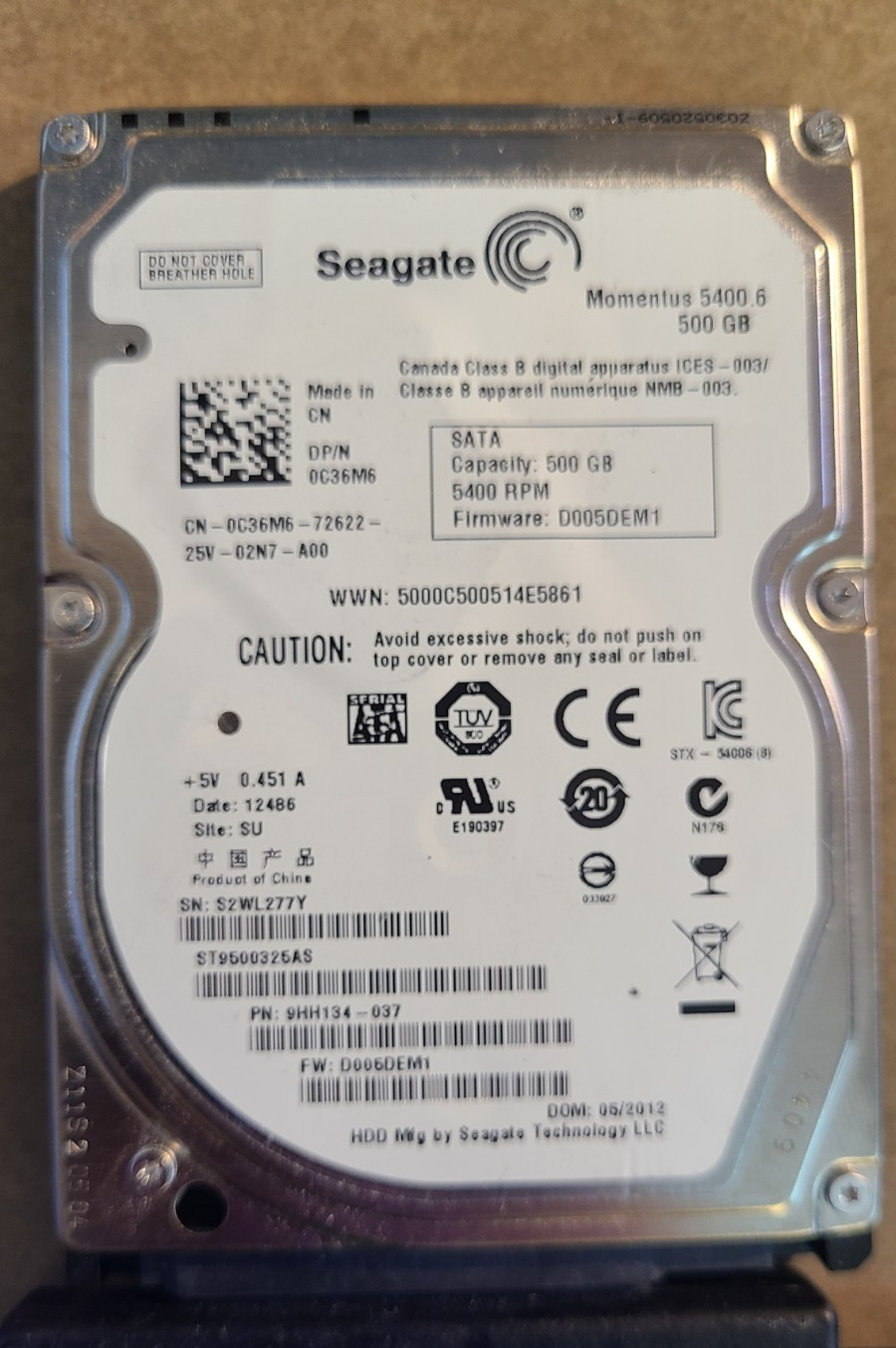 SEAGATE ST9500325AS - 500GB 5400 RPM SATA 2.5" Hard Drive - Used, Tested GOOD 