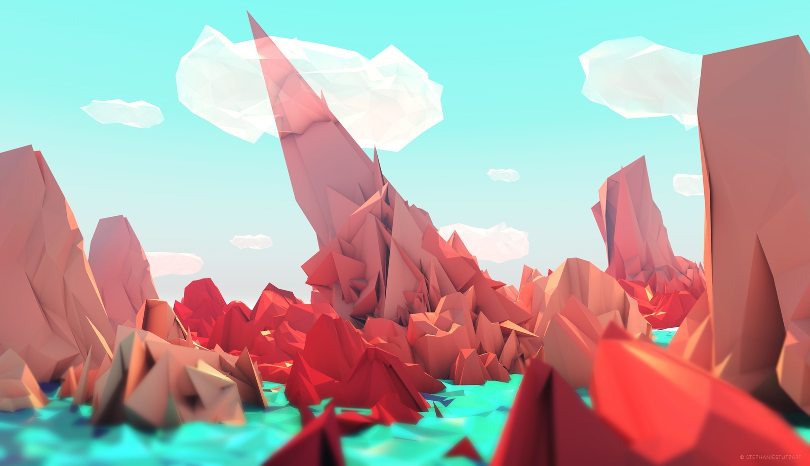 Landscape low poly art red blue cyan Custom Gaming Mat Desk