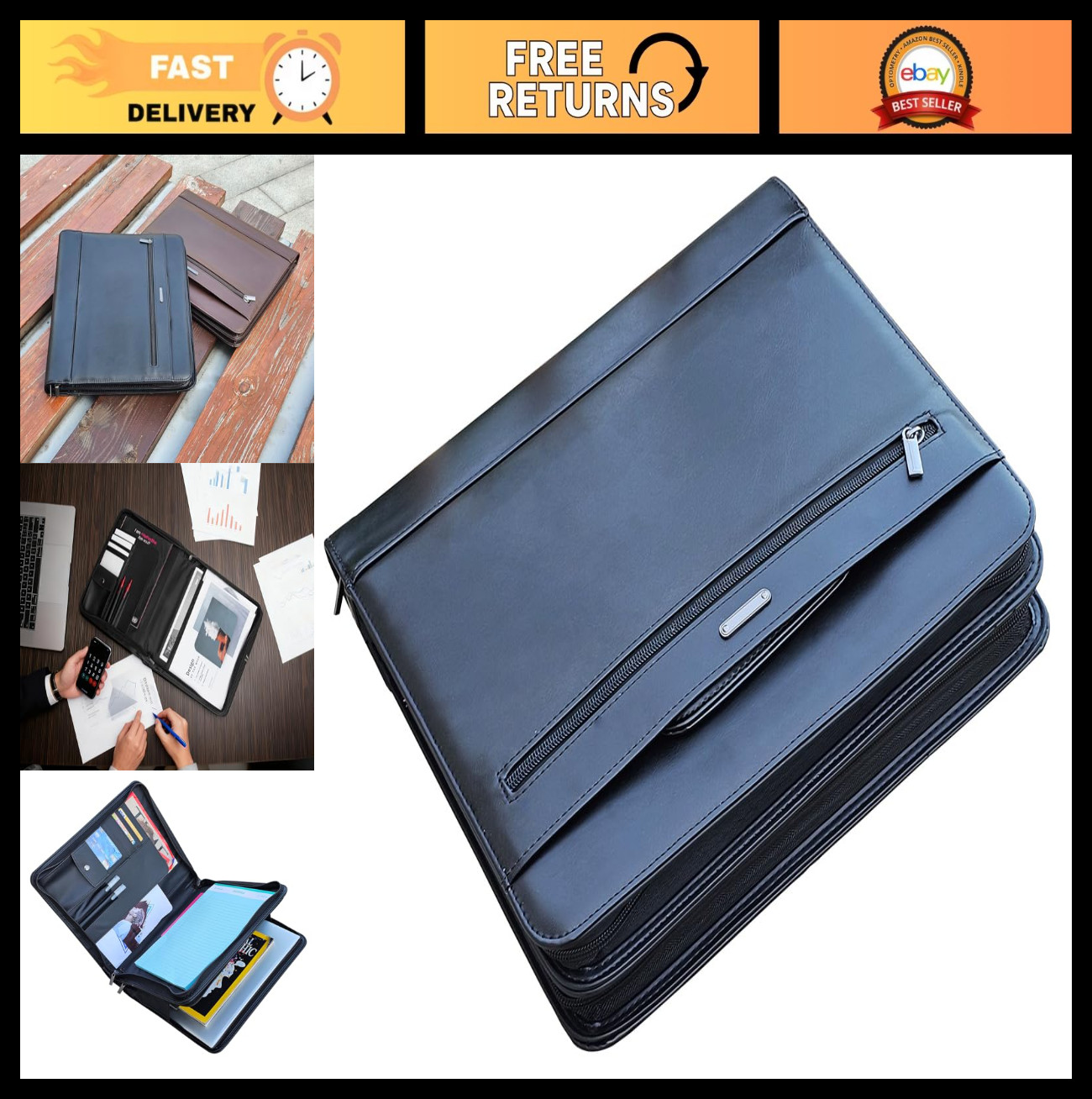 14" Vegan Leather Laptop Briefcase, 2 Zipper Compartments, A4 Padfolio Organizer